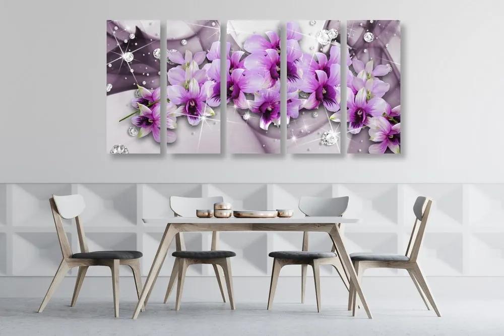 5-dielny obraz fialové kvety na abstraktnom pozadí - 200x100
