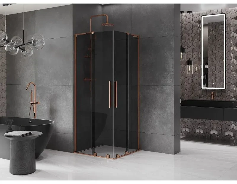 Mexen Velar L Duo, sprchový kút s posuvnými dverami 90 x 90 cm, 8mm šedé sklo, ružové zlato, 871-090-090-02-43-60
