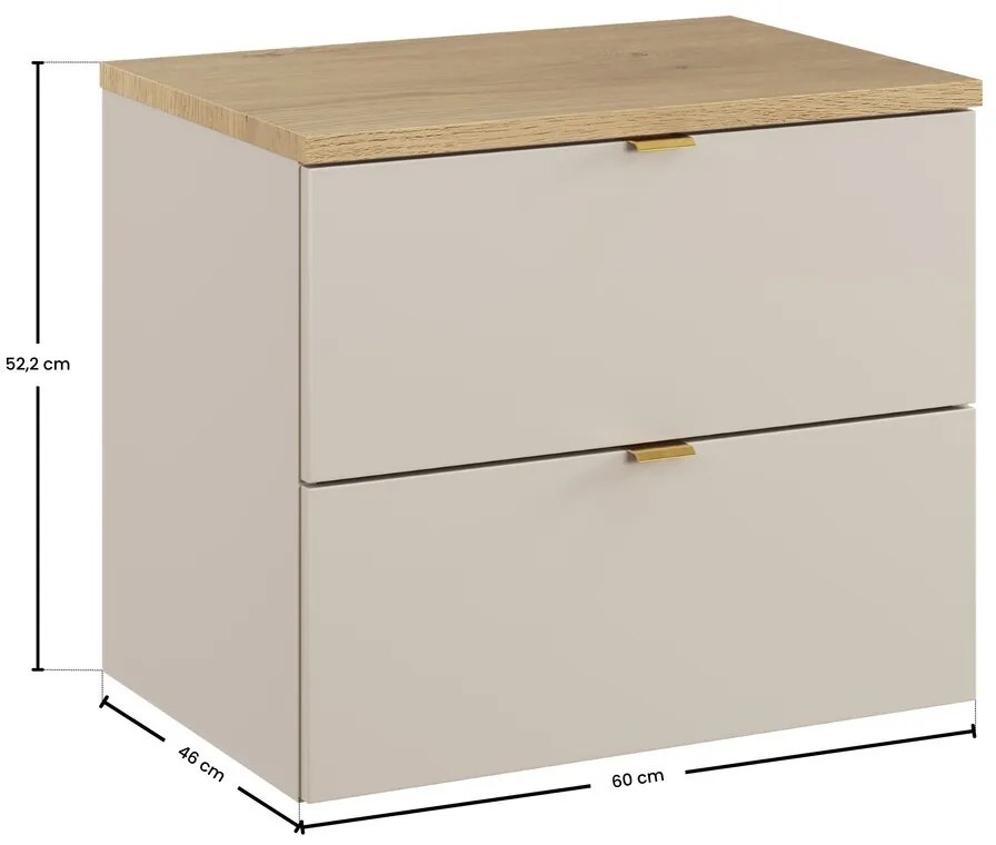 Závesná skrinka pod umývadlo Dalia kašmírová škandinávska s doskou 60 cm kašmírová/dub cremona