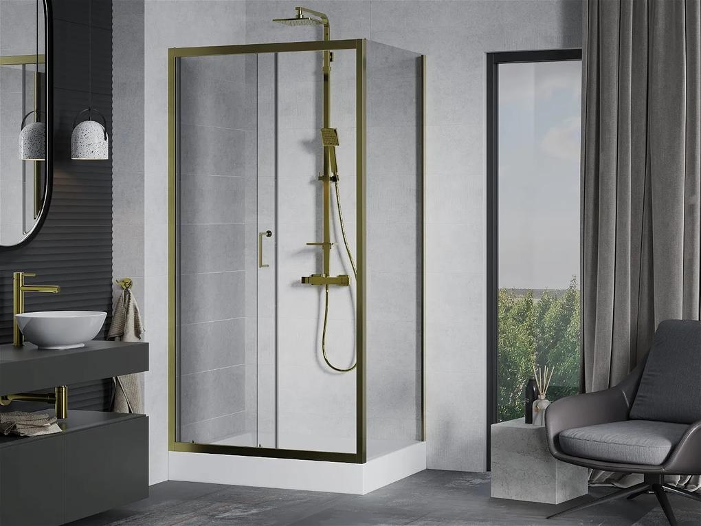 Mexen Apia sprchovací kút s posuvnými dverami 120 (dvere) x 90 (stena) cm, 5mm číre sklo, zlatý profil + biela sprchová vanička RIO, 840-120-090-50-00-4510