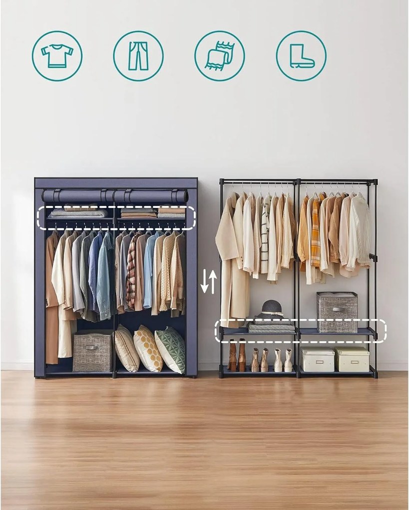 Modulárna skriňa, skladací šatník s 2 tyčami na šaty, sivý