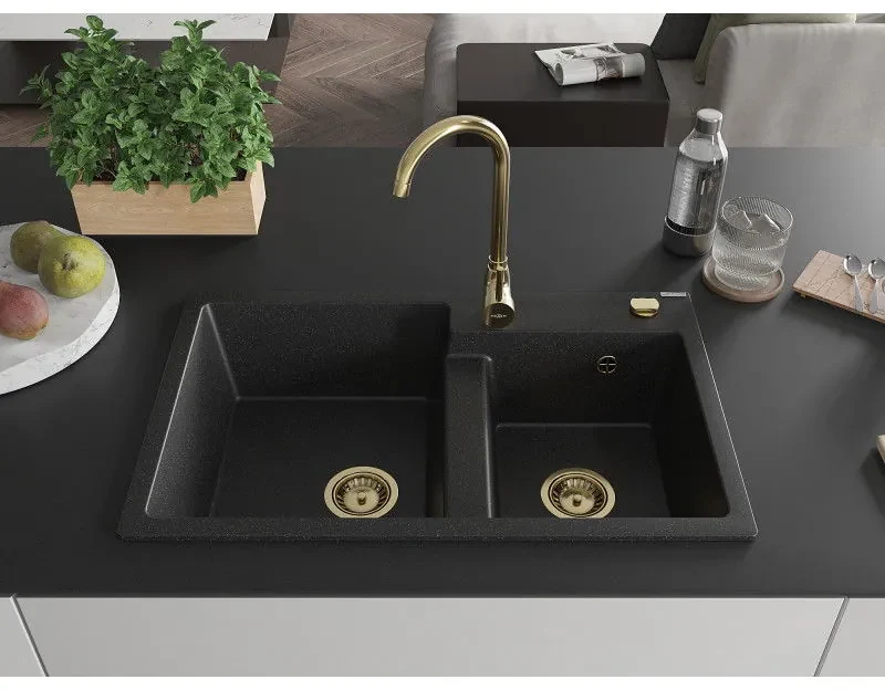 Mexen Tomas, granitový drez 800x500x190 mm, 2-komorový, čierna-strieborná metalíza so zlatým sifónom, 6516802000-73-G