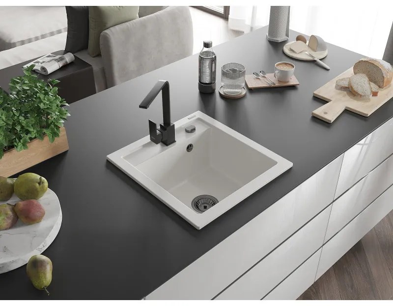 Mexen Vito, 1-komorový granitový drez 520x490x210 mm, čierna batéria Rita, biela, 6503-20-670300-70