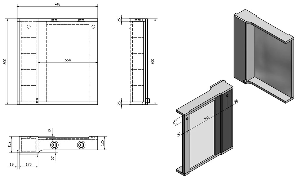 Sapho, PULSE galérka s LED osvetlením 2x3W, 75x80x17cm, pravá, biela/antracit (PU078P), PU078-3034