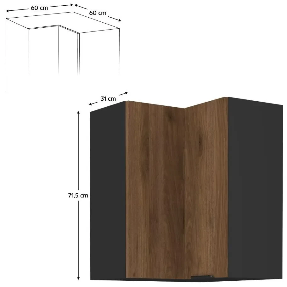 Horná rohová kuchynská skrinka Monzesa 60x60 GN 72 2F (orech okapi + čierna) . Vlastná spoľahlivá doprava až k Vám domov. 1096955