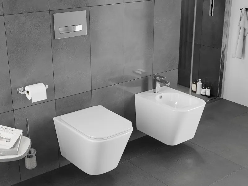 Mexen Teo, závesná WC misa 510x345x340 mm, Rimless Tornádo + WC sedadlo z duroplastu, biela lesklá, 30850600T