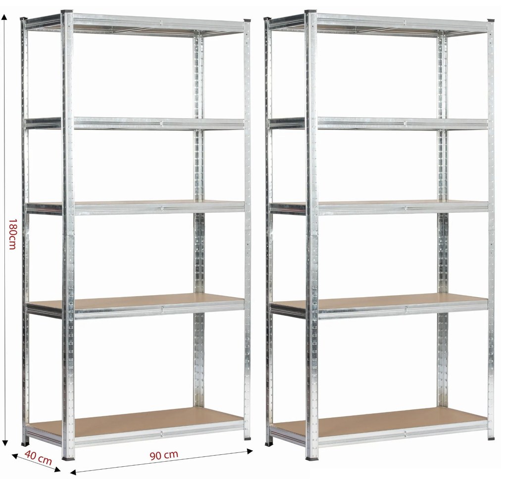 Sada 2 ks kovových regálů REGMET 90x40x180 cm stříbrná