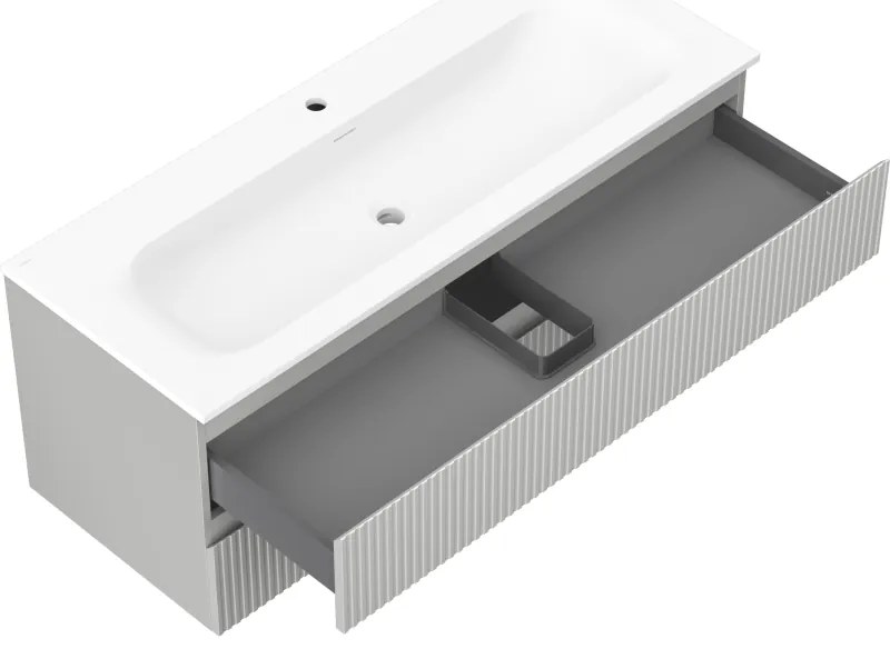 Mexen Rivel, kúpeľňová skrinka 120 cm s umývadlom Vela, 2 zásuvky, drážkovaná, sivá matná/biela, 91A20-12047-2-BFF62-W23M0