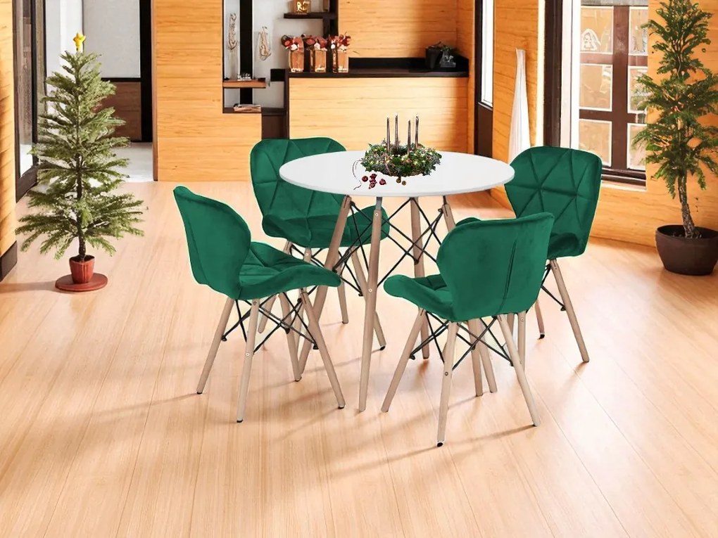 Jedálenská zostava TODI 80cm okrúhly stolový set biely + 4 stoličky LAGO zelené