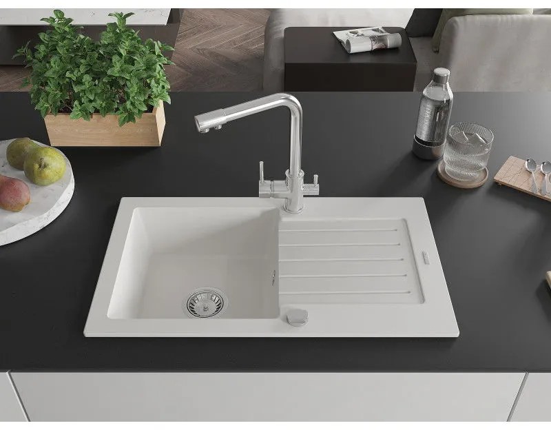 Mexen Pablo, granitový drez 752x436x161 mm, 1-komorový a chrómová batéria Duero, biela, 6510-20-671600-00
