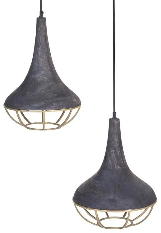 Závesná lampa s 2 tienidlami z mangového dreva čierna/mosadzná BAGMATI Beliani