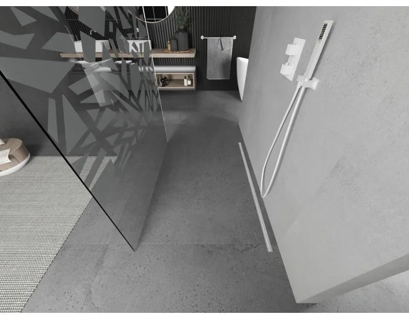 Mexen Kioto, priechodná sprchová zástena 110 x 200 cm, 8mm sklo číre/biely vzor, 2x biela stabilizačná rozpera, 800-110-002-20-85