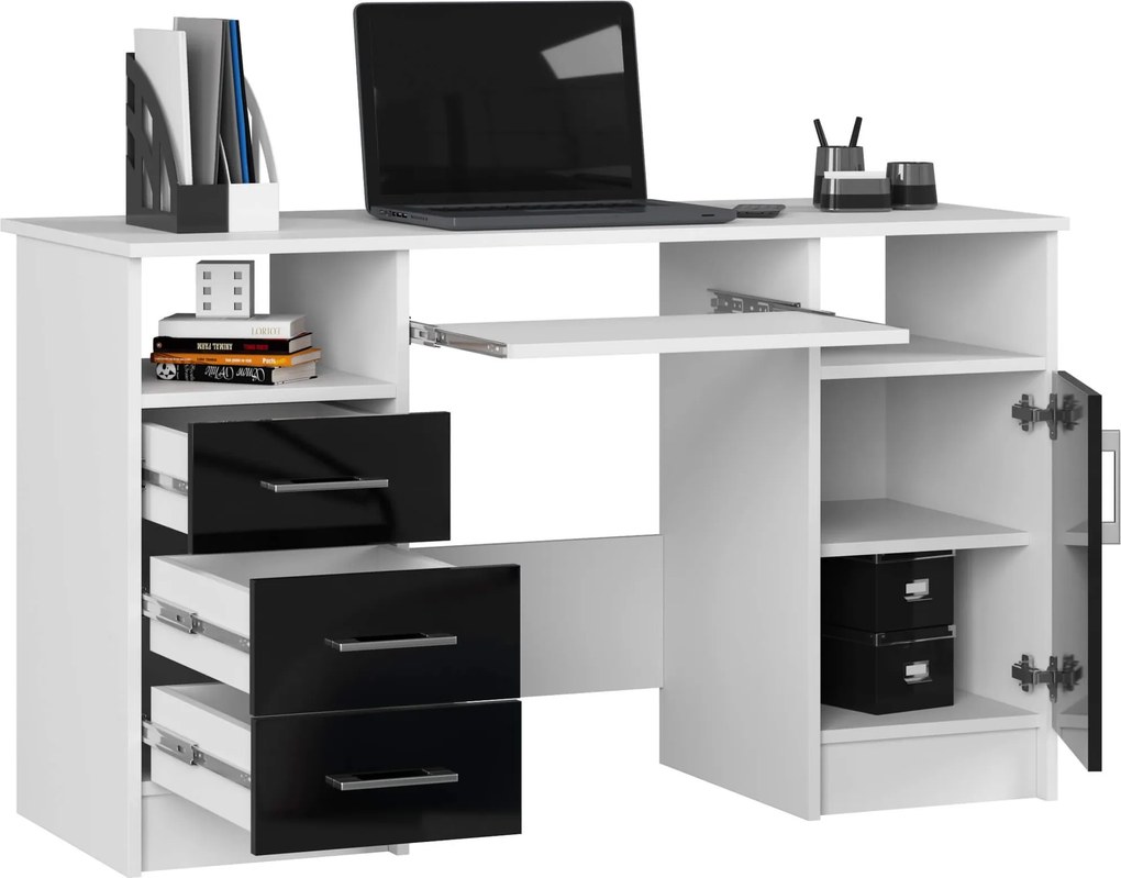Volně stojící psací stůl Ana 124 cm bílý/černý lesk