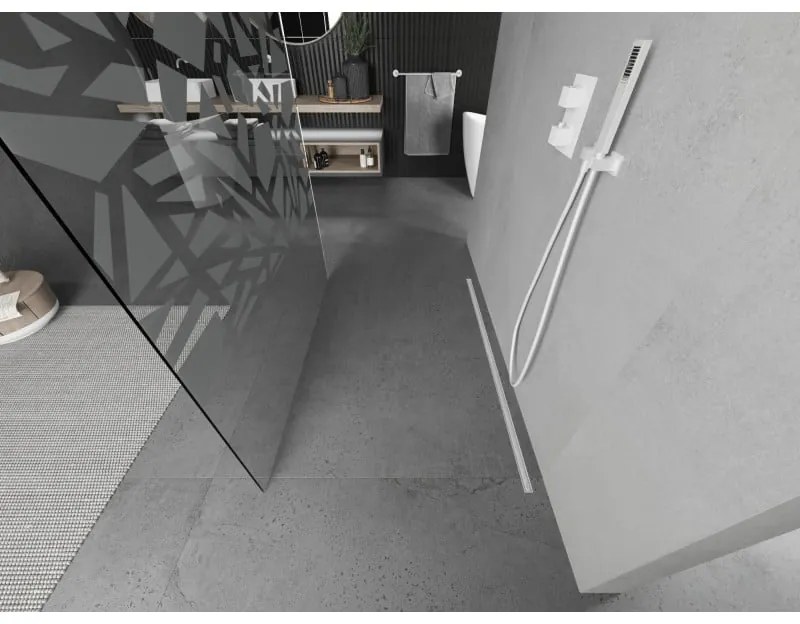 Mexen Kioto, priechodná sprchová zástena 100 x 200 cm, 8mm sklo číre/biely vzor, 2x biela stabilizačná rozpera, 800-100-002-20-85