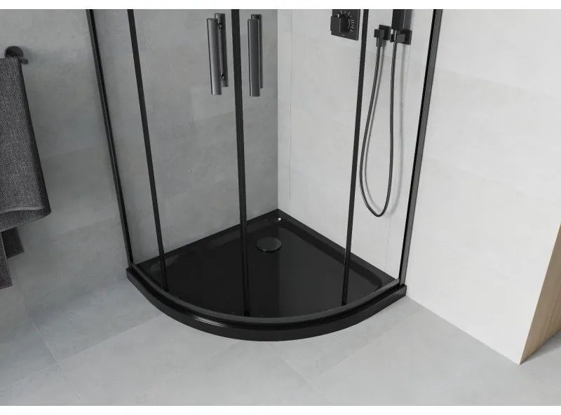 Mexen Rio, štvrťkruhový sprchovací kút s posuvnými dverami 90 x 90 cm, 6mm číre sklo, čierny profil + čierna sprchová vanička, 863-090-090-70-00-4170B