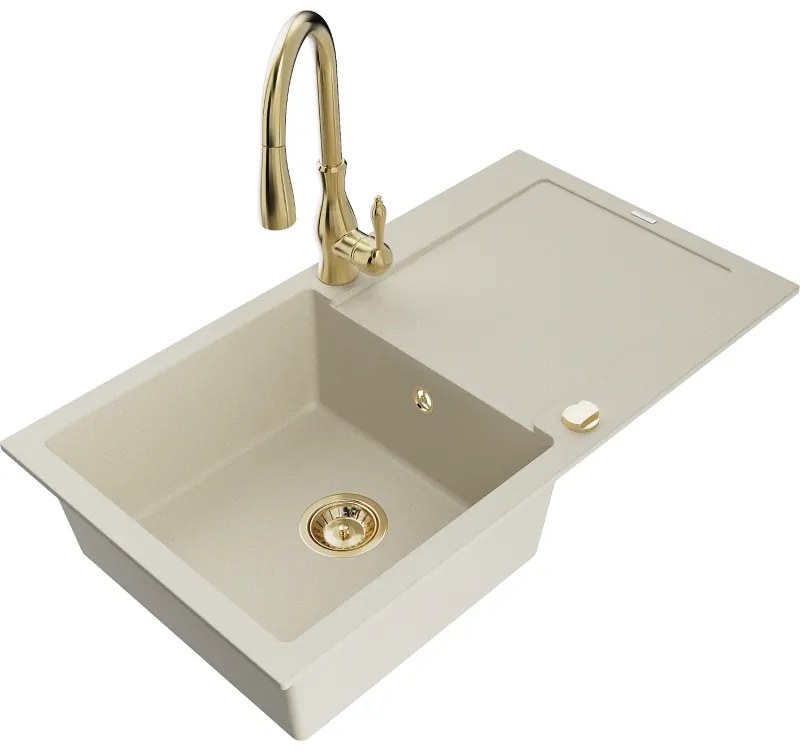 Mexen Leo, 1-komorový granitový drez 900x500x190 mm a drezová batéria Savita, béžová, 6501-69-672601-50