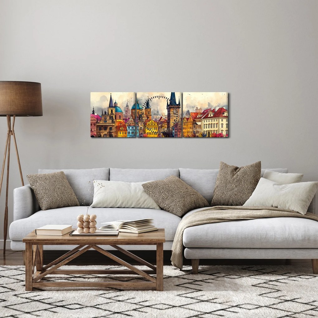 Obraz - Jeseň v maľovanom meste (s hodinami) (90x30 cm)