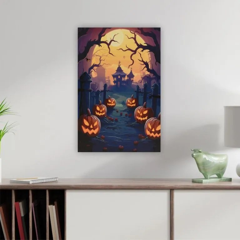 Nástenná maľba Pumpkin Cemetery, 9 LED diód, 60,5 x 40 cm