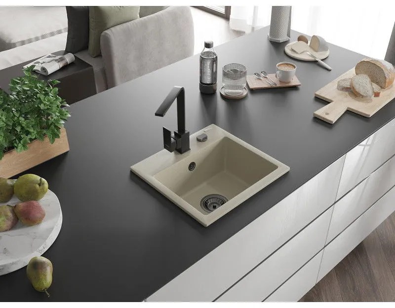 Mexen Milo, 1-komorový granitový drez 435x410x171 mm a čierna batéria Rita, béžová, 6505-69-670300-70