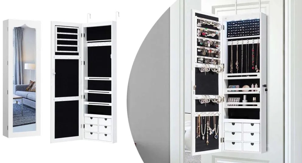 Nástenný zrkadlový držiak na šperky s osvetlením