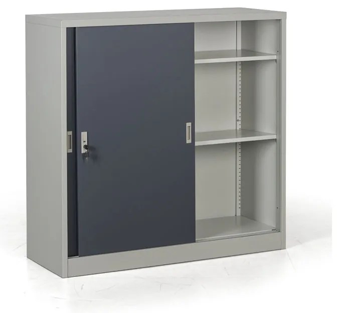 Kovová skriňa s posuvnými dverami, demontovaná, 2 police, 1200 x 1200 x 450 mm, tmavo sivá
