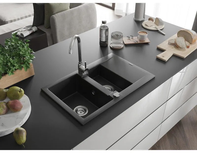 Mexen Gaspar, 1,5-komorový granitový drez s odkvapkávačom 74x48 cm a kuchynskou batériou Telma, čierna, 6507-77-670200-00