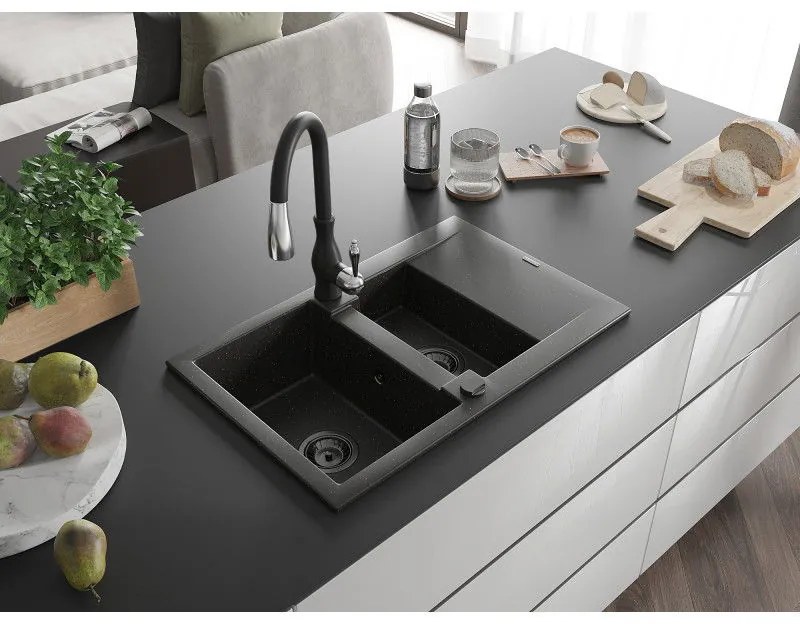 Mexen Gaspar, 1,5-komorový granitový drez 737x475x177 mm a drezová batéria Savita, čierna-zlatá metalíza, 6507-75-672601-70-B