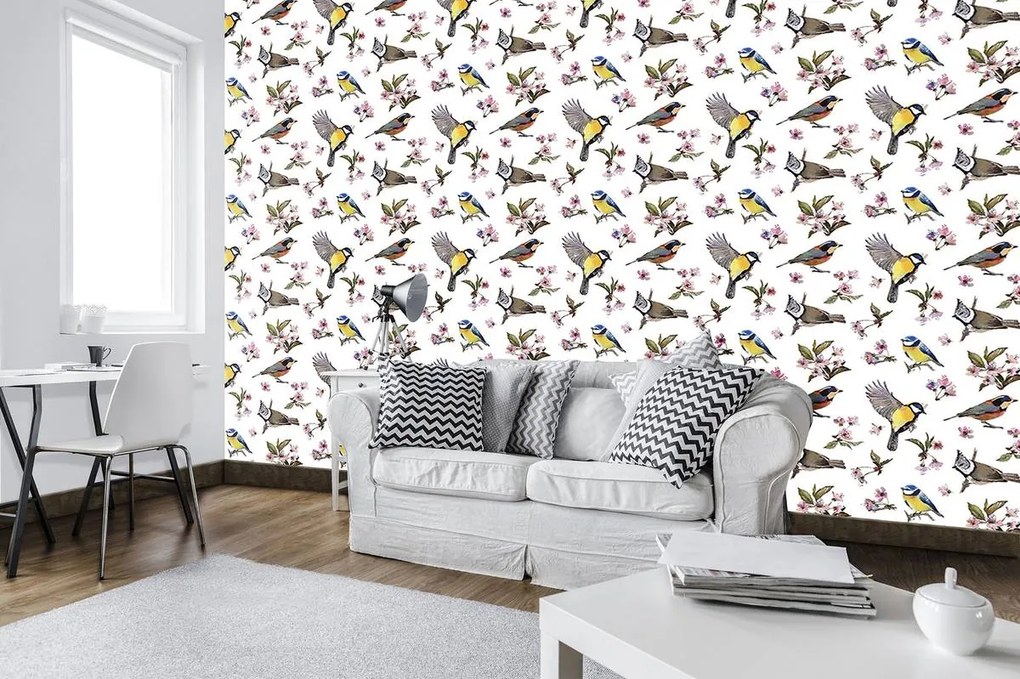 Fototapeta - Vtáčiky a kvetinový vzor (152,5x104 cm)