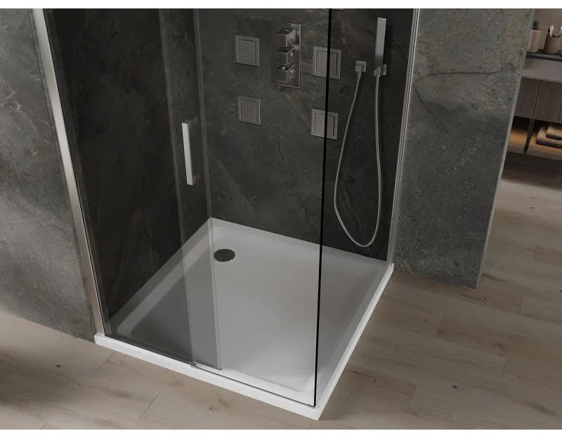 Mexen Omega, sprchový kút s posuvnými dverami 100 (dvere) x 100 (stena) cm, 8mm šedé sklo, chrómový profil + slim sprchová vanička biela + chrómový sifón, 825-100-100-01-40-4010