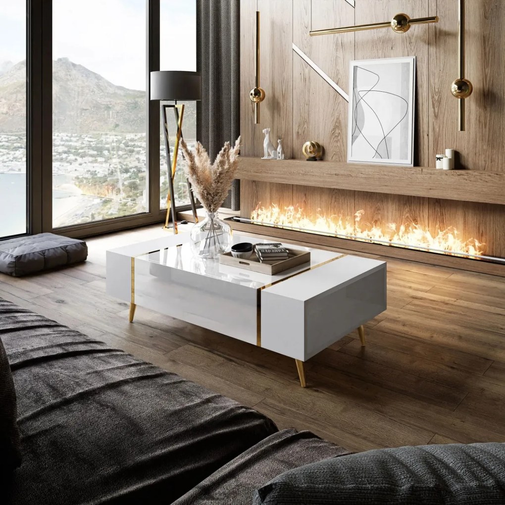 KONFERENČNÝ STOLÍK SANTINO NA NOŽIČKÁCH BIELY VYSOKÝ LESK / ZLATÝ