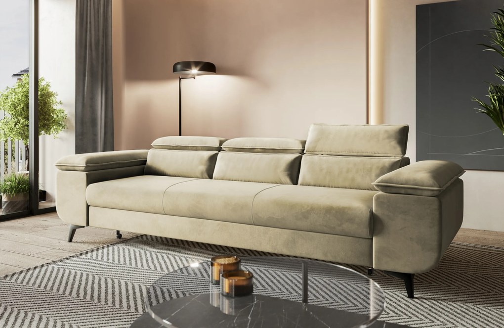 Pohovka s funkciou spania Flat s nastaviteľnými opierkami hlavy, béžový velúr