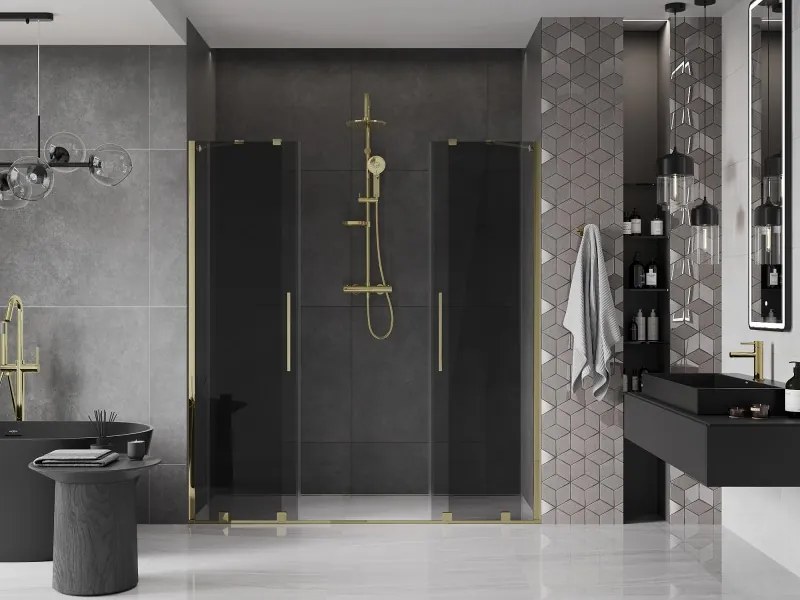Mexen Velar Duo, posuvné sprchové dvere do otvoru 180 cm, 8mm šedé sklo, zlatá lesklá, 871-180-000-42-50