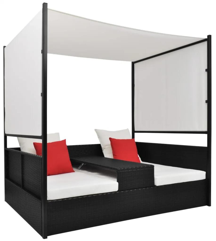 vidaXL Záhradná posteľ so strieškou čierna 190x130 cm polyratanová
