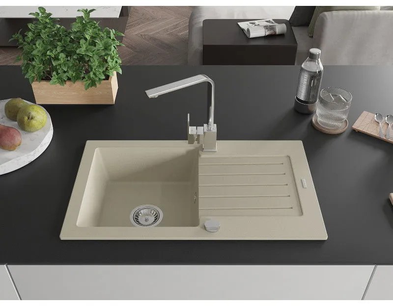 Mexen Pablo, granitový drez 752x436x161 mm, 1-komorový a chrómová batéria Rita, béžová, 6510-69-670300-00
