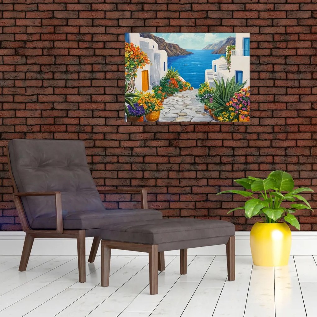 Sklenený obraz - Grécka ulička (70x50 cm)