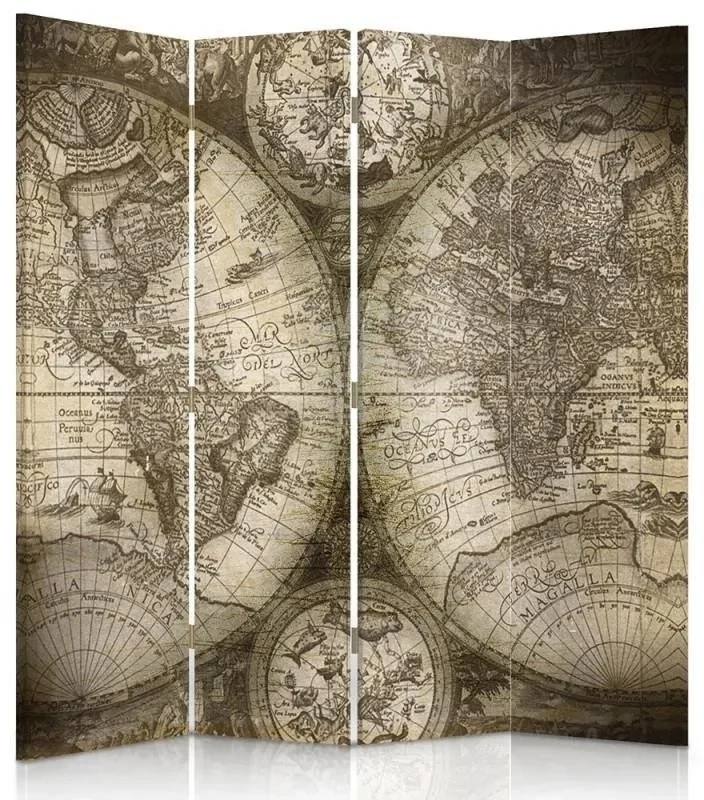 Gario Paraván Starožitná mapa sveta Rozmery: 145 x 170 cm, Prevedenie: Otočný paraván 360°