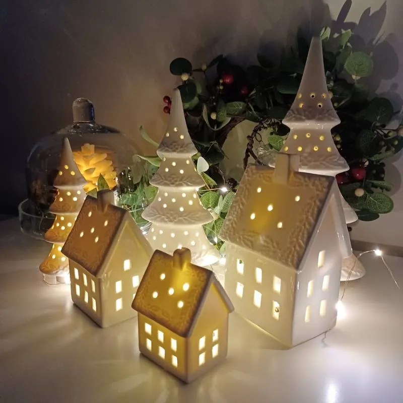 DECOLED Keramický stromček, 9 x 7,4 x 17,8 cm, teplá biela, 2xLR44