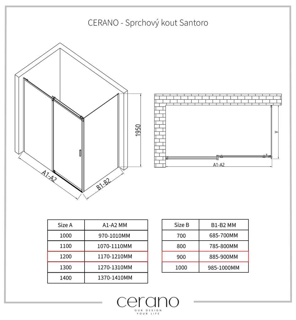 Cerano Lantono, sprchovací kút s posuvnými dverami 120(dvere) x 90(stena) x 195 cm, 8mm číre sklo, čierny profil, CER-CER-431500