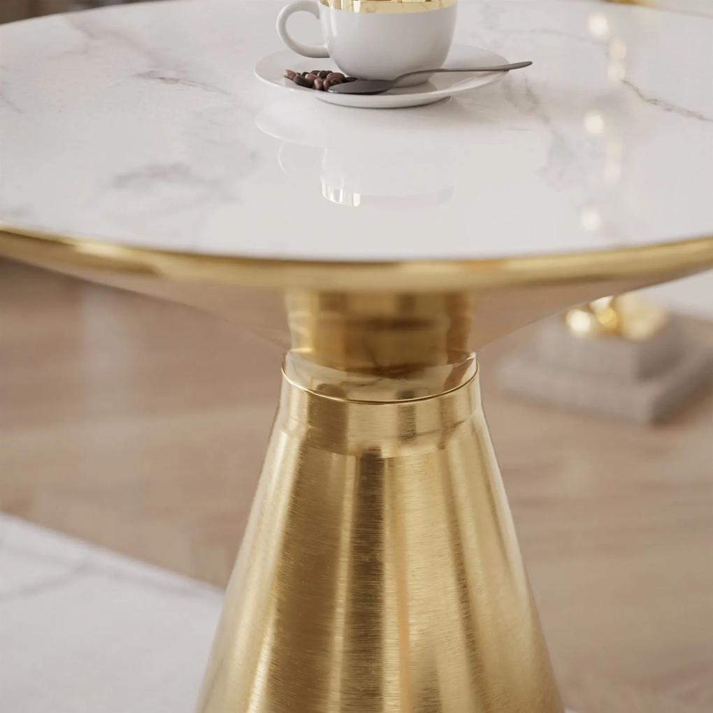 Dizajnový konferečný stolík STELLA biely lesklý mramor + zlatá