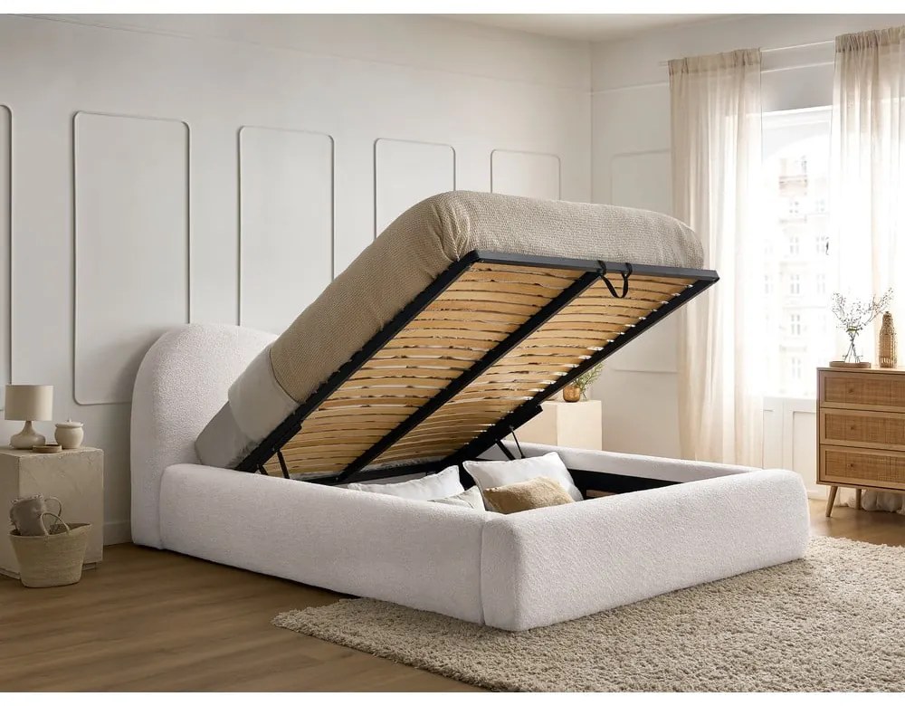 Biela čalúnená dvojlôžková posteľ s úložným priestorom s roštom 160x200 cm Orlane – Bobochic Paris