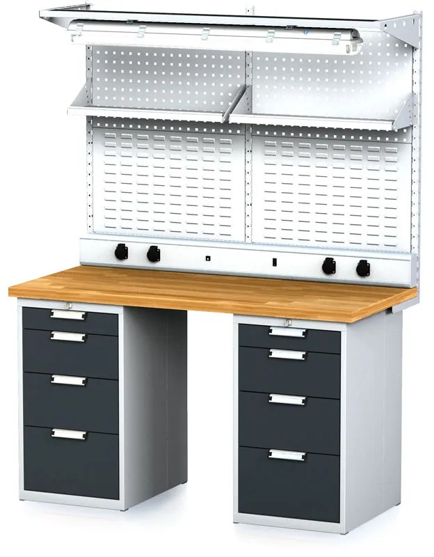 Alfa 3 Dielenský stôl MECHANIC I + 2x závesný box, nadstavba, polica, el. zásuvky a osvetlenie, 8 zásuviek, 1500x685x880 mm, antracitové dvere