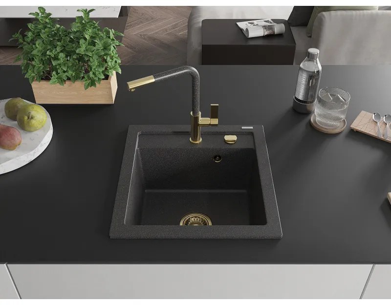 Mexen Vito, 1-komorový granitový drez 490x520x210 mm a drezová batéria Flora, čierna škvrnitá, 6503-76-670401-75-G