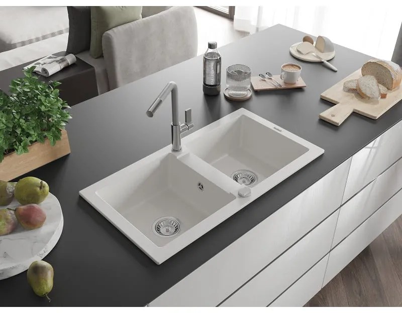 Mexen Mario, 2-komorový granitový drez 820x436x161 mm a drezová batéria Flora, biela, 6504-20-670401-06