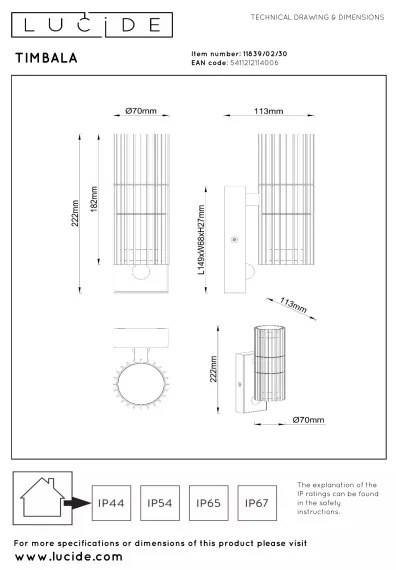 Lucide 11839/02/30 - Vonkajšie nástenné svietidlo so senzorom TIMBALA 2xGU10/7W/230V IP44