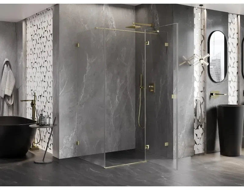 Mexen Lunar T, výklopný sprchový kút pravý 115 x 80 cm, 8mm číre sklo, zlatý matný profil, 834T-115-080-55-00-P