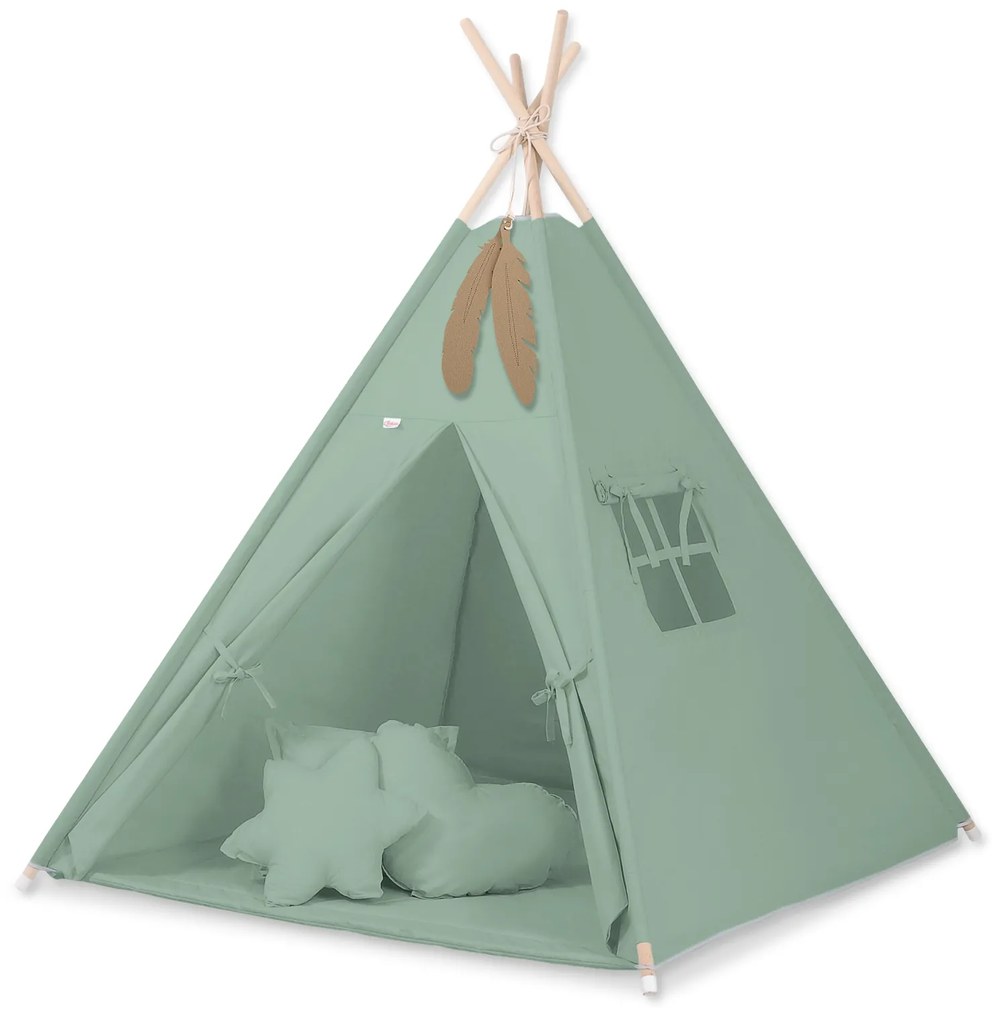 Bobono Stan Teepee pre deti + ozdobné perie - pastelovo zelená