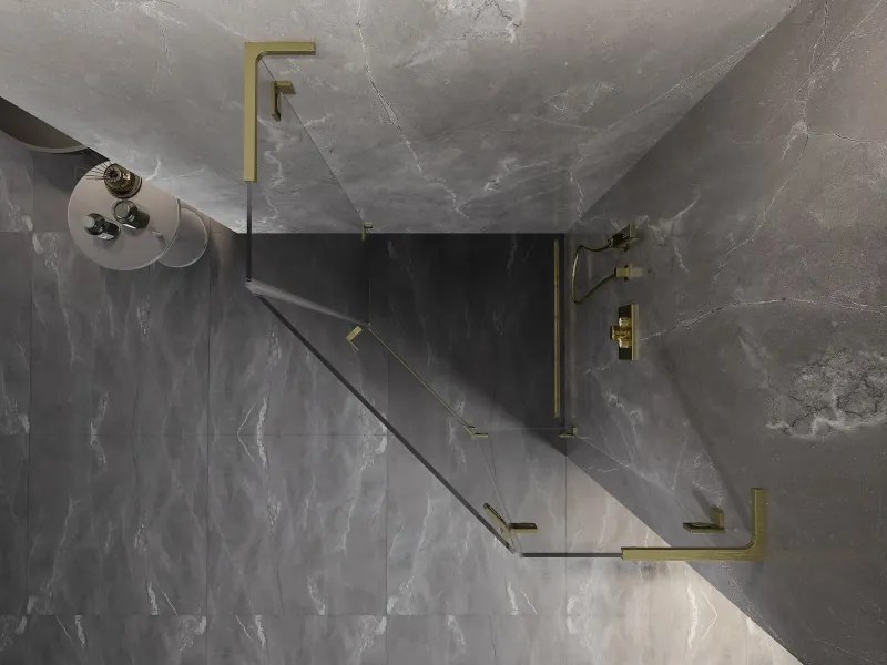 Mexen Lunar, L pravý výklopný päťuholníkový sprchový kút 100x100 cm, 8mm číre sklo, zlatý matný profil, 831L-100P-100L-55-00-P