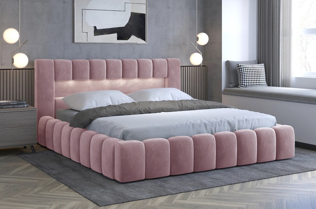 Manželská posteľ 140 cm Luxa (ružová) (s roštom, úl. priestorom a LED). Akcia -20%. Vlastná spoľahlivá doprava až k Vám domov. 1041555