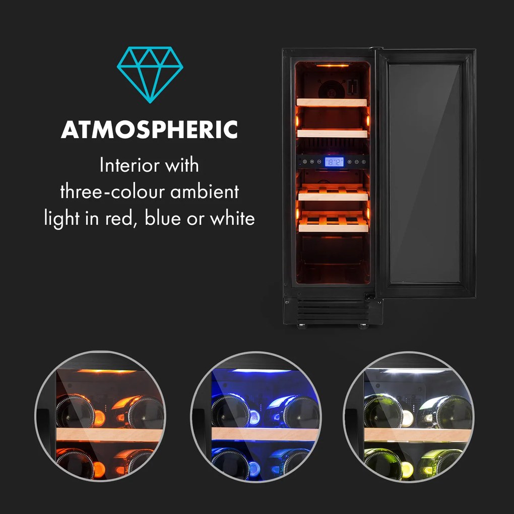 Klarstein Vinovilla 17 Built-in Duo Onyx Edition, dvojzónová vinotéka, 53 l, 17 fliaš, 3-farebné LED osvetlenie, sklenené dvere