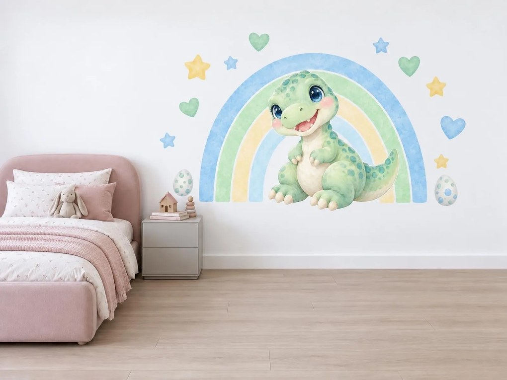 Dinosaurí dievčatko pod dúhou dinosaurí pastelové nálepky na stenu pre dievčatá arch 46 x 34 cm